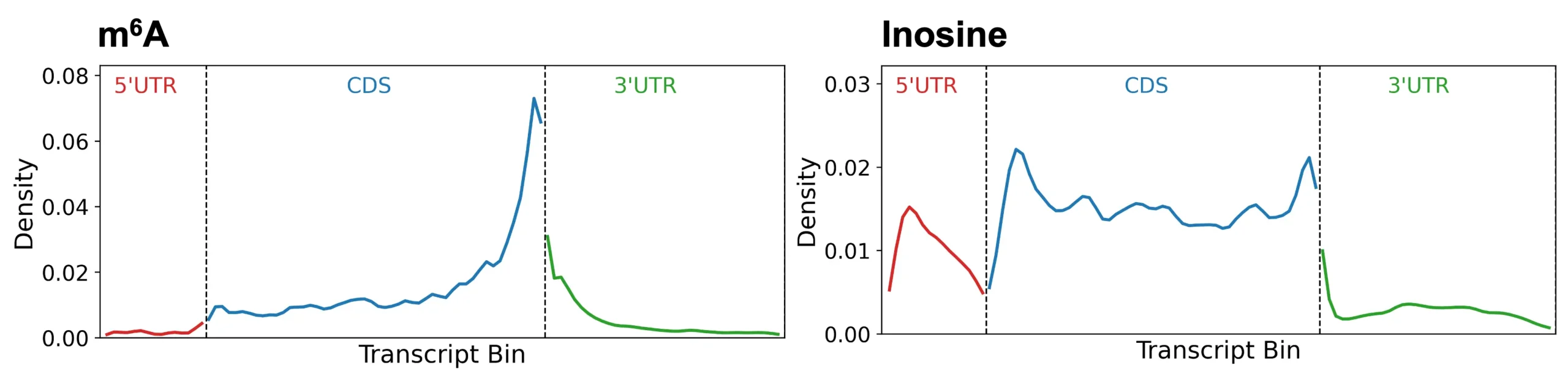 m6A and inosine peak distribution across mRNA transcripts