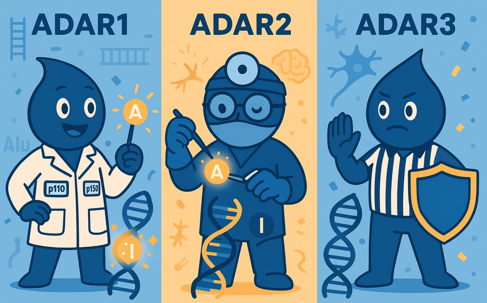 Illustration of three ADAR enzymes as cartoon characters: ADAR1 in a lab coat labeled p110 and p150 editing RNA with Alu motifs in the background, ADAR2 as a surgeon performing precise RNA editing with a brain motif, and ADAR3 as a referee with a shield blocking RNA access, depicting adenosine-to-inosine (A-to-I) editing.